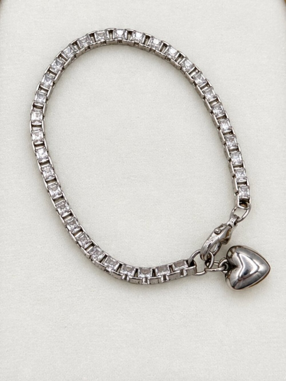 Silver Tone Crystal Tennis Bracelet with Heart Charm